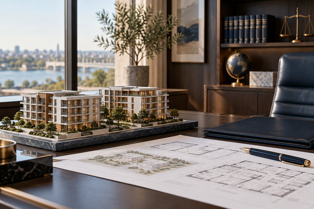 Maqueta de edificios y documentación de una operación inmobiliaria internacional
