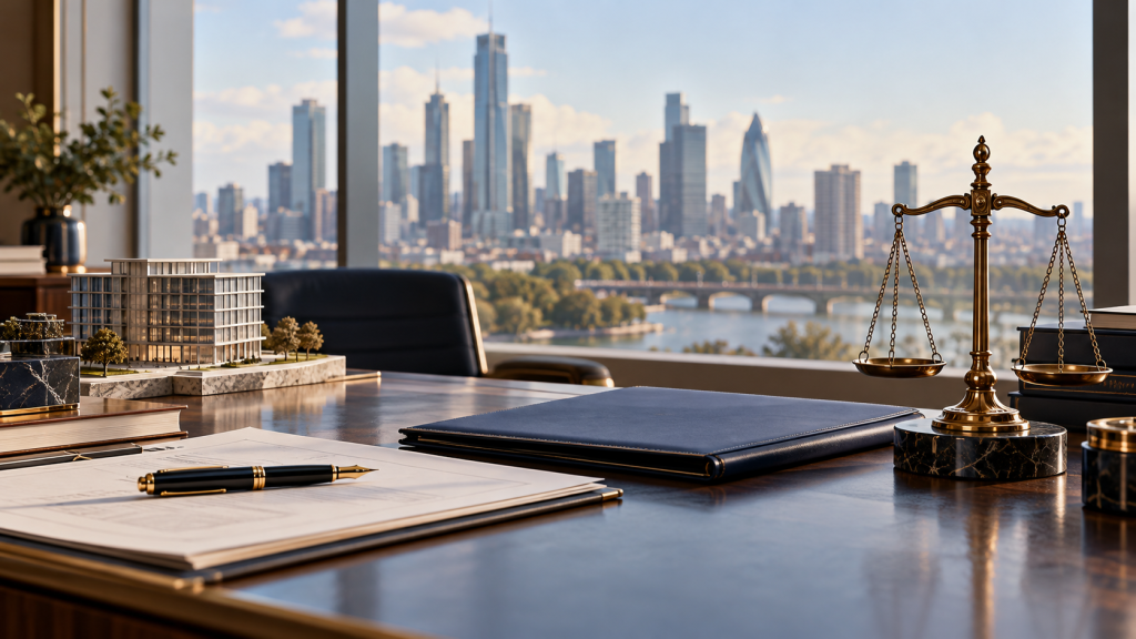 Balanza de justicia y maqueta inmobiliaria en un despacho con vistas internacionales